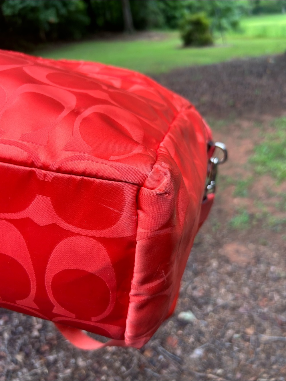 Coach F77577 Signature Nylon Diaper Bag Travel Tote Coral Red Crossbody - Picture 13 of 16